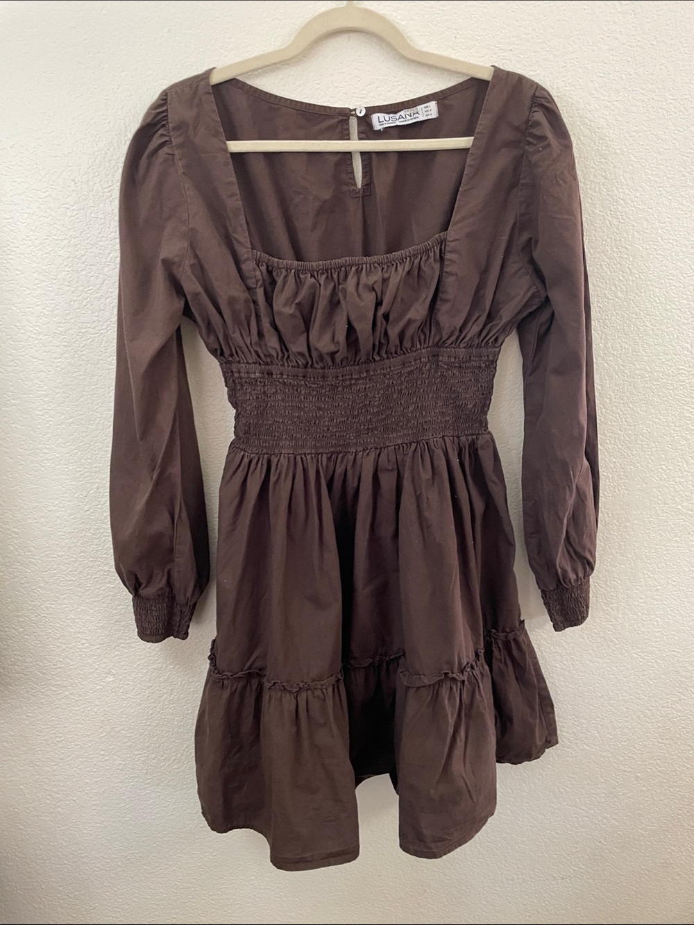 Lusana Anthologie Brown 100% cotton Smocked fit & flare Mini Dress sz8